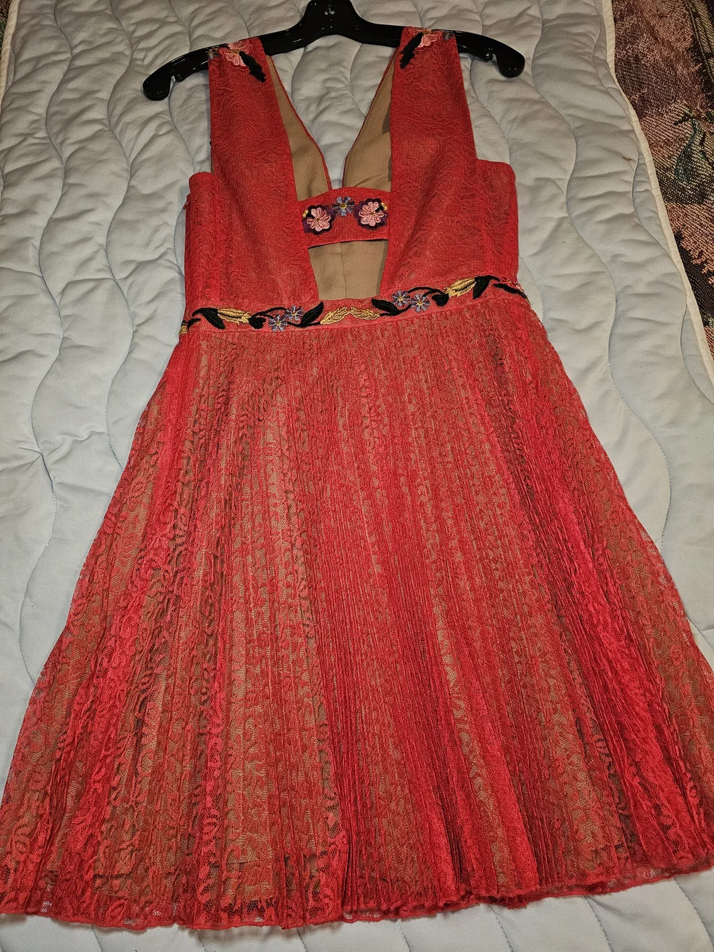 French Connection Red Embroidered V-Neck Mini Dress